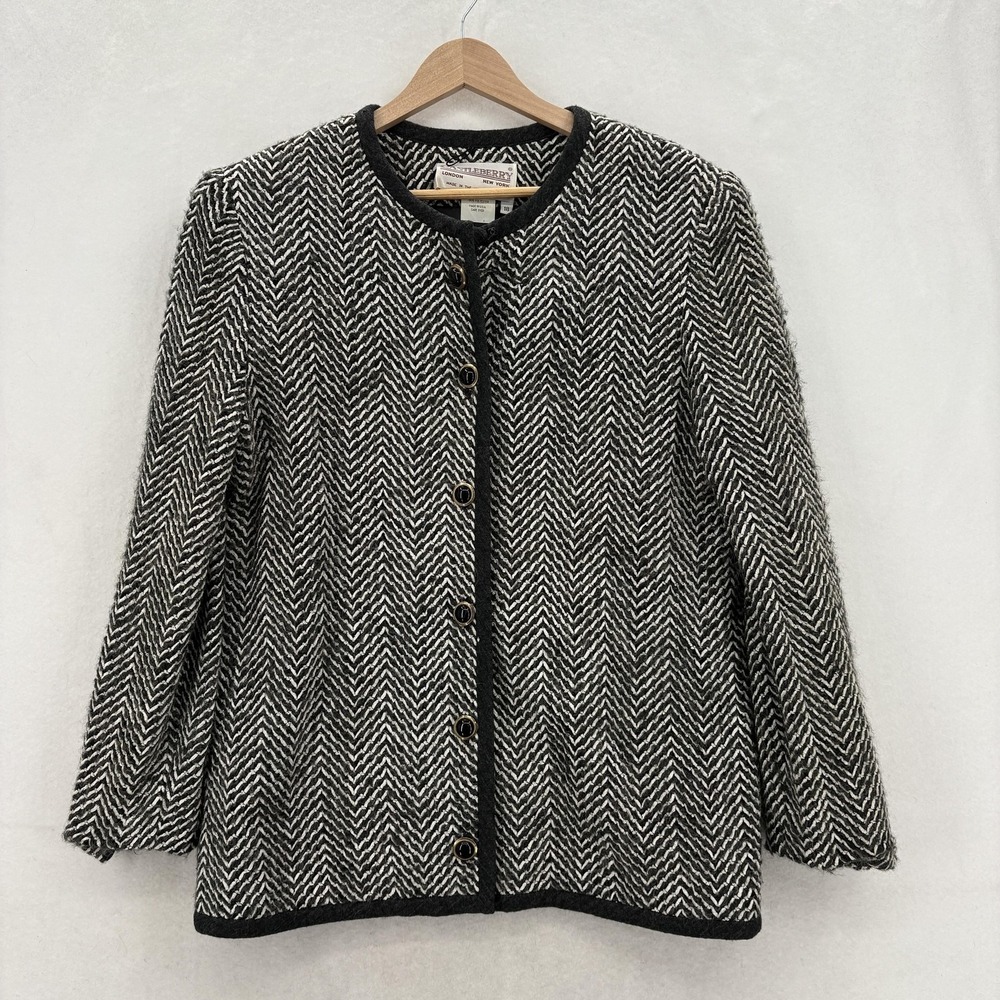 Vintage Castleberry Blazer Womens 18 Black Herringbone Tweed Mohair Wool USA